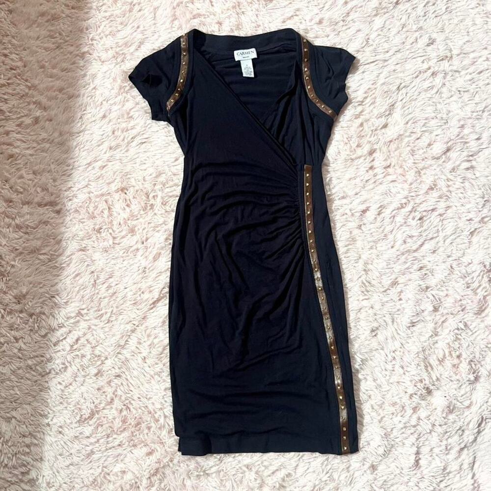 Black Ruched Leather Embelleshed Studded Statement Officewear Bodycon Midi Dress